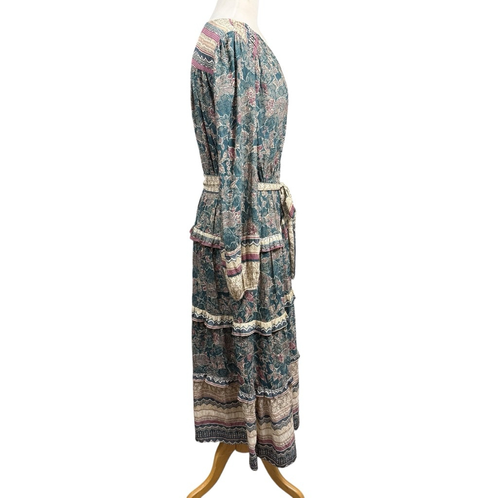 Current Air Los Angeles Maxi Dress Boho Floral Long Sleeve Tiered NWT Size L - Picture 4 of 7